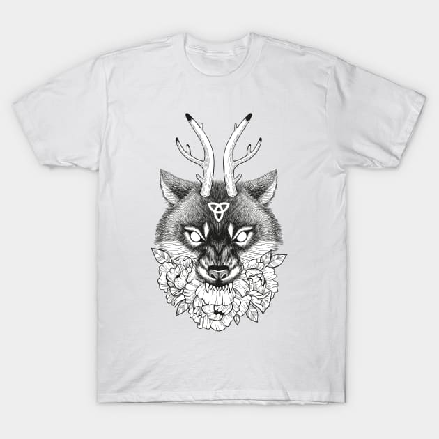 Wiccan wolf with horns and flowers T-Shirt by fears